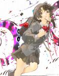  1girl abstract_background absurdres backpack bag bangs bow bowtie brown_eyes brown_footwear brown_hair brown_skirt buttons cloudyooooo collared_shirt eyes_visible_through_hair feet_out_of_frame food food_in_mouth grey_jacket hair_ornament hand_on_own_chest hand_up highres iwakura_lain jacket long_sleeves looking_at_viewer mouth_hold parted_bangs red_bow red_bowtie running school_uniform serial_experiments_lain shirt shoes short_hair sketch skirt solo toast toast_in_mouth weibo_logo weibo_username white_background white_shirt x_hair_ornament 