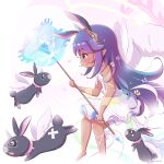  1girl animal bare_shoulders barefoot bemani bloomers blush character_request commentary_request crystal dark-skinned_female dark_skin dress feathered_wings goth_risuto highres holding holding_staff long_hair profile purple_eyes purple_hair rabbit short_eyebrows sleeveless sleeveless_dress solo sound_voltex staff thick_eyebrows underwear very_long_hair white_bloomers white_dress white_wings winged_animal wings 