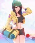  1girl bag beanie black_hair breasts brown_eyes cropped_jacket glasses hat highres jacket killjoy_(valorant) long_hair looking_at_viewer mcdobo medium_breasts midriff navel open_clothes open_jacket round_eyewear smile solo valorant yellow_jacket 