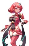  1girl bangs black_gloves breasts chest_jewel earrings fingerless_gloves gem gloves headpiece highres jewelry large_breasts notdes1re_(tbot7) pyra_(xenoblade) red_eyes red_hair red_shorts short_hair short_shorts shorts simple_background solo swept_bangs thighhighs tiara white_background xenoblade_chronicles_(series) xenoblade_chronicles_2 