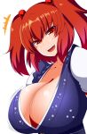  1girl blue_dress blue_kimono breasts cleavage dress hair_bobbles hair_ornament highres japanese_clothes kimono large_breasts onozuka_komachi red_eyes red_hair short_hair simple_background solo touhou two_side_up white_background xialu_zajin 