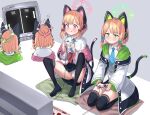  2girls :q animal_ear_headphones animal_ears black_skirt black_thighhighs blonde_hair blue_archive blue_necktie blush bow brand_name_imitation cat_ears cat_tail coat controller dorymin fake_animal_ears fake_tail famicom flying_sweatdrops game_console game_controller green_eyes grey_background hair_bow halo headphones highres knees_up midori_(blue_archive) momoi_(blue_archive) multiple_girls necktie no_shoes off_shoulder panties pantyshot pillow pink_eyes playing_games pong ribbon shirt short_hair siblings simple_background sisters sitting skirt smile spread_legs tail television thighhighs thighs tongue tongue_out twins underwear upskirt white_coat white_panties white_shirt 