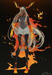  1girl black_sclera black_skin burning closed_mouth colored_sclera colored_skin commission fire fur highres horizontal_pupils horns horns_through_headwear long_hair looking_at_viewer monster_girl orange_eyes original ruteko_(ruko220) skeb_commission smile solo stitches very_long_hair white_hair 