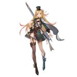  1girl blonde_hair braid brown_footwear erika_(granblue_fantasy) full_body gloves granblue_fantasy gun hat long_hair looking_at_viewer official_art parted_lips purple_eyes shoes simple_background single_braid single_glove sling solo transparent_background weapon 