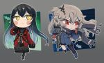  1girl 2girls artist_name bangs black_dress black_hair blue_jacket blush blush_stickers chibi closed_mouth dandelion_(girls&#039;_frontline) dress english_commentary full_body girls&#039;_frontline gloves grey_background griffin_&amp;_kryuger_military_uniform gun hair_between_eyes hair_ornament holding holding_gun holding_weapon jacket long_hair medal mole mole_under_eye multiple_girls red_eyes reddodemon serious sideways_glance single_leg_pantyhose smile sp9_(girls&#039;_frontline) standing standing_on_one_leg stribog_sp9 submachine_gun very_long_hair weapon yellow_eyes 