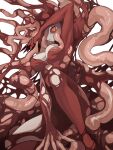  1girl arm_up breasts claws cleavage colored_sclera colored_skin highres long_hair looking_at_viewer monster_girl original pink_eyes red_pupils red_sclera ruteko_(ruko220) solo tentacle_hair tentacles white_background white_skin 