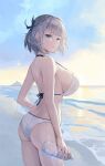  1girl ass bangs bare_arms bare_back bare_shoulders beach bikini blue_ribbon bottle braid breasts cowboy_shot from_side green_eyes grey_hair hair_ribbon highres holding holding_bottle hololive horizon large_breasts looking_at_viewer median_furrow ocean outdoors parted_lips pi_tayuko ribbon sand shirogane_noel short_hair sidelocks sky solo standing strap_gap string_bikini sunset swimsuit thighs virtual_youtuber water water_bottle wet white_bikini 