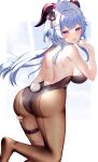  1girl absurdres ahoge ass backless_leotard bare_arms bare_back bare_shoulders black_leotard black_pantyhose blue_hair breasts cross-laced_clothes fake_tail flying_sweatdrops foot_out_of_frame ganyu_(genshin_impact) genshin_impact goat_horns hair_intakes hair_ornament hairclip hand_to_own_mouth highleg highleg_leotard highres horns large_breasts leotard long_hair looking_at_viewer looking_back median_furrow nontraditional_playboy_bunny open_mouth pantyhose purple_eyes rabbit_tail see-through see-through_legwear shoulder_blades smile solo strapless strapless_leotard tail thigh_strap usagi_poi wet x_hair_ornament 