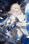  1girl ahoge archetype_earth arcueid_brunestud arlizi blonde_hair detached_collar detached_sleeves dress earth_(planet) gloves highres long_hair planet red_eyes sky smile star_(sky) starry_sky strapless strapless_dress tsukihime water_drop white_dress white_gloves 