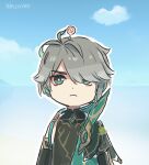  1boy ahoge alhaitham_(genshin_impact) artist_name bangs blue_sky chibi cloud detached_sleeves elbow_gloves frown genshin_impact gloves gradient gradient_background green_eyes hair_over_one_eye highres shoulder_cape sign sky solo upper_body white_hair xinzoruo 
