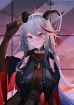  1girl aegir_(azur_lane) arm_up azur_lane bangs black_dress black_gloves blush bodystocking breasts cleavage cloud cloudy_sky dragon_horns dress elbow_gloves gloves grey_hair highres horns large_breasts long_hair looking_at_viewer multicolored_hair open_mouth orange_eyes parted_lips pixiv_id skin_tight sky smile solo streaked_hair upper_body weibo_id zhanggong 