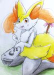  ambiguous_gender anthro blush braixen canid canine controller eiroru fox fur game_controller generation_6_pokemon hi_res inner_ear_fluff joy-con looking_at_viewer mammal nintendo nintendo_controller nintendo_switch orange_eyes pokemon pokemon_(species) simple_background solo tuft video_games white_body white_fur yellow_body yellow_fur 