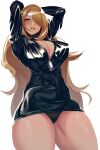  1girl black_dress blonde_hair breasts collarbone cynthia_(pokemon) dress from_below hair_over_one_eye highres large_breasts long_hair long_sleeves looking_at_viewer open_clothes open_dress pencil_skirt pokemon pokemon_(game) pokemon_dppt skirt solo volyz yellow_eyes 