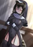  1girl absurdres animal_ears arknights bangs black_hair black_thighhighs blurry blurry_background blush breasts brown_eyes cloverse6 covered_navel crossed_bangs dutch_angle english_commentary garter_straps habit half-closed_eyes highres jitome large_breasts looking_at_viewer no_panties nun own_hands_clasped own_hands_together pelvic_curtain raccoon_ears raccoon_girl raccoon_tail robin_(arknights) short_hair solo tail thighhighs 