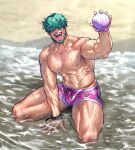  1boy abs aqua_hair bangs bara beach bracelet carless_(ppanic) covered_eyes day facial_hair fire_emblem fire_emblem:_the_blazing_blade fire_emblem_cipher hair_over_eyes highres holding jewelry large_pectorals lowen_(fire_emblem) male_focus male_swimwear muscular muscular_male navel nipples open_mouth outdoors pectorals pink_male_swimwear seashell shell short_hair smile solo swim_briefs water 