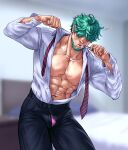  1boy abs aqua_hair bangs bara black_pants brushing_teeth carless_(ppanic) collared_shirt covered_eyes facial_hair fire_emblem fire_emblem:_the_blazing_blade fire_emblem_cipher hair_over_eyes highres holding holding_toothbrush large_pectorals lowen_(fire_emblem) male_focus male_underwear male_underwear_peek muscular muscular_male navel nipples open_clothes open_shirt pants pectorals shirt short_hair solo toothbrush underwear undone_necktie white_shirt 