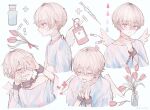  1boy absurdres androgynous angel angel_wings bandages closed_eyes crying expressions flower highres hospital_gown looking_at_viewer male_focus medicine mio_(niufog) niufog original own_hands_clasped own_hands_together pill pink_eyes pink_flower pink_hair short_hair solo syringe tulip wings 