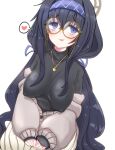  1girl black_hair blue_archive blue_eyes breasts glasses hair_between_eyes hairband heart highres jewelry long_hair necklace ro_(aahnn) sagging_breasts skirt spoken_heart turtleneck ui_(blue_archive) white_background yellow-framed_eyewear 