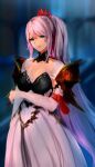  1girl absurdres armor bangs black_choker blue_eyes blurry blurry_background breasts choker cleavage closed_mouth collarbone dress floating_hair hair_between_eyes highres long_dress long_hair medium_breasts pink_hair ponytail ruo_candyyyy shionne_(tales) shoulder_armor shrug_(clothing) solo standing strapless strapless_dress tales_of_(series) tales_of_arise very_long_hair white_dress 