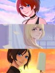  3girls bangs black_choker black_hair black_shirt blonde_hair blue_eyes choker dress food hair_between_eyes hair_over_shoulder highres holding_ice_cream ice_cream indoors jewelry kairi_(kingdom_hearts) kingdom_hearts long_hair looking_at_viewer multiple_girls namine necklace outdoors paper parted_lips portrait red_hair shirt short_hair sleeveless sleeveless_dress sleeveless_shirt smile sunset vanekairi white_dress xion_(kingdom_hearts) 