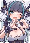  1girl :3 absurdres animal_ears arm_garter azur_lane blue_eyes breasts cheshire_(azur_lane) detached_sleeves fake_animal_ears fang frilled_hairband frilled_ribbon frills grey_hair hairband heart heart_hands highres large_breasts long_ribbon maid maid_headdress multicolored_hair namaata one_eye_closed puffy_detached_sleeves puffy_sleeves purple_apron ribbon skin_fang smile streaked_hair two-tone_hair upper_body wrist_cuffs 
