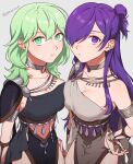  2girls absurdres alternate_costume armlet armor bangs black_dress bracelet breasts byleth_(fire_emblem) byleth_(fire_emblem)_(female) cleavage closed_mouth collar commentary_request dancer_(three_houses) dress enlightened_byleth_(female) fire_emblem fire_emblem:_three_houses fire_emblem_warriors:_three_hopes green_eyes green_hair grey_background grey_dress hair_between_eyes hair_bun hair_over_one_eye hand_on_hip highres jewelry large_breasts long_hair looking_at_viewer medium_breasts multiple_girls official_alternate_costume one_eye_covered peach11_01 pelvic_curtain purple_eyes purple_hair shez_(fire_emblem) shez_(fire_emblem)_(male) shoulder_armor simple_background single_hair_bun sleeveless sleeveless_dress strapless strapless_dress twitter_username very_long_hair 