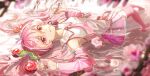  1girl absurdres bad_anatomy blurry cherry cherry59599 cherry_blossoms cherry_hair_ornament detached_sleeves flower food food-themed_hair_ornament fruit hair_ornament hatsune_miku highres holding holding_flower lying necktie on_back partially_submerged pink_eyes pink_hair pink_necktie pink_skirt pink_thighhighs sakura_miku shirt skirt thighhighs vocaloid water white_shirt 