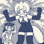  2girls @_@ animal_ears antenna_hair arm_up arms_up bangs bare_shoulders blush closed_mouth collared_shirt cosplay costume_switch dated elbow_gloves embarrassed extra_ears fingerless_gloves front_zipper_swimsuit furrowed_brow giant_otter_(kemono_friends) giant_otter_(kemono_friends)_(cosplay) gloves hand_on_hip highres inada_roku jacket kemono_friends long_hair looking_at_another looking_down meme_attire microskirt monochrome multicolored_hair multiple_girls necktie nose_blush one-piece_swimsuit open_mouth otter_ears otter_girl otter_tail panties shirt skirt smile spread_fingers stoat_(kemono_friends) stoat_(kemono_friends)_(cosplay) sweat swimsuit tail tan thighhighs two-tone_swimsuit underwear v-shaped_eyebrows weasel_ears weasel_girl weasel_tail wing_collar zipper zipper_pull_tab 