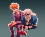  2boys blonde_hair bone crossover formal habkart highres hood hoodie jacket long_sleeves male_focus meme mob_psycho_100 multiple_boys necktie reigen_arataka sans shirt short_hair shorts skeleton slippers suit sweat teeth tumblr_sexyman_tournament undertale 