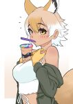  1girl absurdres bare_shoulders blonde_hair bubble_tea bubble_tea_challenge commentary coyote_(kemono_friends) coyote_ears coyote_girl coyote_tail drinking_straw extra_ears gloves green_jacket hair_between_eyes highres illu jacket kemono_friends kemono_friends_v_project midriff multicolored_hair shirt short_hair solo spaghetti_strap upper_body white_hair white_shirt yellow_eyes yellow_gloves 