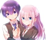  1boy 1girl black_sweater blue_eyes blue_necktie blush hands_up hetero highres izumi_yu kawaii_dake_ja_nai_shikimori-san long_hair long_sleeves looking_at_viewer necktie nyaa_(nnekoron) own_hands_together pink_hair purple_eyes purple_hair school_uniform shikimori_(kawaii_dake_ja_nai) shirt simple_background smile sweater upper_body white_background white_shirt 