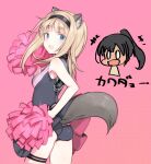  2girls animal_ear_fluff animal_ears ass black_dress black_hair black_panties blue_eyes brown_hair character_request cheerleader clothes_lift dog_ears dog_tail dress eyebrows_hidden_by_hair from_behind hairband long_hair looking_back multiple_girls open_mouth panties pink_background pom_pom_(cheerleading) ponytail shimada_fumikane short_dress simple_background skirt skirt_lift sleeveless sleeveless_dress strike_witches tail tail_lift thigh_strap thighs underwear world_witches_series 
