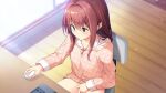  1girl alpha_(yukai_na_nakamatachi) aqua_eyes bangs blush bottomless brown_hair cardigan character_request closed_mouth collarbone female_masturbation game_cg hair_between_eyes hair_intakes hood hood_down hooded_cardigan indoors keyboard_(computer) long_hair long_sleeves masturbation pink_cardigan polka_dot_cardigan shiny shiny_hair sitting solo sousaku_kanojo_no_renai_koushiki straight_hair wireless_mouse wooden_floor 