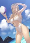  1girl absurdres ah-lyong_lee armpits ball beach beachball blonde_hair breasts cleavage goggles goggles_on_head green_eyes highres large_breasts long_hair mole mole_under_eye navel ocean original solo swimsuit 