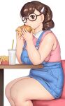  1girl bangs black-framed_eyewear blue_dress blush breasts brown_eyes brown_hair burger commentary_request cup dress drill_hair drink drinking_straw eating feet_out_of_frame food french_fries from_side glasses hair_ornament hairclip highres holding holding_food kurowa-san_(orizen) large_breasts medium_hair original orizen simple_background sitting sleeveless solo table tareme thick_arms thick_thighs thighs twin_drills white_background wing_collar 