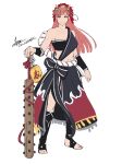  1girl bandeau bangs bare_shoulders black_shirt black_skirt breasts cherche_(fire_emblem) club_(weapon) cm_lynarc collarbone cosplay fire_emblem fire_emblem_awakening fire_emblem_heroes full_body highres kanabou large_breasts long_hair looking_at_viewer lyn_(fire_emblem) lyn_(fire_emblem)_(cosplay) mask mask_on_head midriff navel pink_eyes pink_hair shirt side_slit simple_background single-shoulder_shirt skirt smile solo standing stomach strapless tube_top very_long_hair weapon white_background 