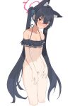  absurdres animal_ear_fluff animal_ears bangs bare_shoulders belly bikini black_bikini black_hair blue_archive blue_ribbon blush breasts cat_ears cleavage collarbone cowboy_shot crossed_bangs ear_blush extra_ears flat_chest frilled_bikini frills furrowed_brow hair_ribbon halo hands_on_own_thighs haruumi301 highres no_panties pubic_hair red_eyes ribbon serika_(blue_archive) serika_(swimsuit)_(blue_archive) sidelocks simple_background steam string_bikini swimsuit thighs twintails wet white_background 