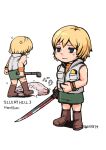  1girl absurdres blonde_hair blood character_name chibi closed_mouth copyright_name full_body heather_mason highres katana kesut4 lead_pipe miniskirt monster short_hair silent_hill_(series) silent_hill_3 simple_background skirt sleeveless solo sword vest weapon white_background wristband 