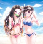  2girls bamboo beach bikini black_hair breasts butterfly_hair_ornament cleavage closed_mouth food forehead hair_ornament highres holding holding_food ice_cream kamado_nezuko kimetsu_no_yaiba long_hair midriff mugenstudio multicolored_hair multiple_girls navel ocean pink_bikini pink_eyes pink_ribbon purple_eyes ribbon side_ponytail sky smile stomach swimsuit tsuyuri_kanao v very_long_hair wristband 