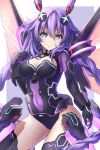  1girl black_thighhighs blue_eyes braid breasts choujigen_game_neptune cleavage covered_navel cowboy_shot d-pad d-pad_hair_ornament hair_ornament large_breasts leotard long_hair looking_at_viewer neon_trim neptune_(neptune_series) neptune_(series) power_symbol purple_hair purple_heart simple_background smile solo symbol-shaped_pupils ten_(tenchan_man) thighhighs twin_braids v-shaped_eyebrows very_long_hair 