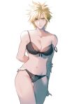  1girl arm_behind_back bare_arms black_bra black_panties blonde_hair blue_eyes blush bra breasts cleavage cloud_strife collarbone cowboy_shot eilinna final_fantasy final_fantasy_vii final_fantasy_vii_remake frilled_bra frilled_panties frills genderswap genderswap_(mtf) hair_between_eyes medium_breasts midriff navel panties short_hair solo spiked_hair strap_slip thigh_gap thighs underwear 