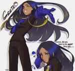  1girl black_hair black_suit blue_eyes blue_gloves dark-skinned_female dark_skin formal frown geeta_(pokemon) gloves highres long_hair multicolored_hair necktie one_eye_closed outstretched_arms pant_suit pants pokemon pokemon_(game) pokemon_sv simple_background solo suit tipsytrains white_background yellow_necktie 