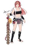  1girl bandeau bangs bare_shoulders black_skirt black_vest breasts cherche_(fire_emblem) club_(weapon) cm_lynarc collarbone cosplay fire_emblem fire_emblem_awakening fire_emblem_heroes full_body highres kanabou large_breasts long_hair looking_at_viewer lyn_(fire_emblem) lyn_(fire_emblem)_(cosplay) mask mask_on_head midriff miniskirt navel pink_eyes pink_hair simple_background skirt smile solo standing stomach strapless tube_top very_long_hair vest weapon white_background 