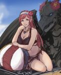  1girl ball bangs bare_arms bare_shoulders beach_towel beachball bikini black_bikini blue_sky breasts cherche_(fire_emblem) cleavage cloud cm_lynarc day fire_emblem fire_emblem_awakening flower grin hair_flower hair_ornament hairband hand_up highres jewelry long_hair looking_at_viewer minerva_(fire_emblem_awakening) navel necklace outdoors pink_flower pink_hair red_eyes sitting sky smile stomach swimsuit thighs towel very_long_hair white_hairband 