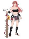 1girl bandeau bangs bare_shoulders black_skirt breasts cherche_(fire_emblem) cleavage club_(weapon) cm_lynarc collarbone cosplay fire_emblem fire_emblem_awakening fire_emblem_heroes full_body highres kanabou large_breasts long_hair looking_at_viewer lyn_(fire_emblem) lyn_(fire_emblem)_(cosplay) mask mask_on_head midriff miniskirt navel pink_eyes pink_hair simple_background skirt smile solo standing stomach strapless tube_top very_long_hair weapon white_background 