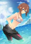  1girl bangs bare_arms bikini bikini_top_only black_bodysuit blue_eyes blue_sky blush bodysuit breasts brown_hair cleavage closed_mouth collarbone echo_destiny front-tie_bikini_top front-tie_top grand_blue grey_bikini hair_between_eyes highres kotegawa_chisa leaning_forward looking_at_viewer medium_breasts navel outdoors purple_ribbon ribbon shiny shiny_hair short_hair_with_long_locks sideboob sidelocks sky solo summer sunlight swimsuit wading wetsuit 