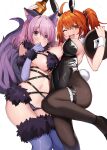  2girls ;d ahoge animal_ears bare_arms bare_shoulders blue_gloves blue_thighhighs bottle breasts chaldea_logo cleavage covered_navel elbow_gloves fake_animal_ears fate/grand_order fate_(series) fujimaru_ritsuka_(female) fur-trimmed_gloves fur-trimmed_legwear fur_trim gloves hair_ornament hair_scrunchie highres holding holding_tray large_breasts light_blush looking_at_viewer mash_kyrielight mash_kyrielight_(dangerous_beast) multiple_girls navel official_alternate_costume one_eye_closed orange_hair pantyhose pink_hair playboy_bunny purple_eyes purple_gloves purple_tail rabbit_ears rabbit_tail revealing_clothes scrunchie short_hair side_ponytail sideboob simple_background smile stomach sweat tail thighhighs togo_(korlsj1235) tray white_background wolf_ears wolf_tail wrist_cuffs yellow_eyes 