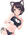  1girl 3: animal_ear_fluff animal_ears aqua_eyes bare_arms bare_shoulders black_hair black_panties black_ribbon blush bra breasts cat_cutout cat_ear_panties cat_ears cat_lingerie cleavage cleavage_cutout clothing_cutout collarbone embarrassed frilled_bra frills frown highres hololive kemonomimi_mode medium_breasts meme_attire navel oozora_subaru panties paw_pose qnakamura ribbon short_hair side-tie_panties simple_background sitting solo stomach tearing_up tears underwear underwear_only white_background 