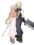  1boy 1girl aerith_gainsborough armor baggy_pants bangle bangs bare_shoulders belt blonde_hair blue_pants blue_shirt boots bracelet braid braided_ponytail brown_footwear brown_hair buster_sword cloud_strife cropped_jacket dress facing_away fighting_stance final_fantasy final_fantasy_vii ghost gloves hair_ribbon hand_on_another&#039;s_back holding holding_staff holding_sword holding_weapon jacket jewelry long_dress long_hair materia multiple_belts pants parted_bangs pink_dress pink_ribbon puffy_short_sleeves puffy_sleeves red_jacket ribbon shirt short_hair short_sleeves shoulder_armor sidelocks sleeveless sleeveless_turtleneck spiked_hair spirit staff standing suspenders sword turtleneck twitter_username wavy_hair weapon white_background you_(blacknwhite) 