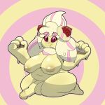  absurd_res alcremie areola balls big_balls big_breasts big_hands breasts erection generation_8_pokemon genitals gynomorph hi_res humanoid intersex nintendo penis pokemon pokemon_(species) popster short_stack sitting slightly_chubby solo solo_focus thick_thighs video_games 